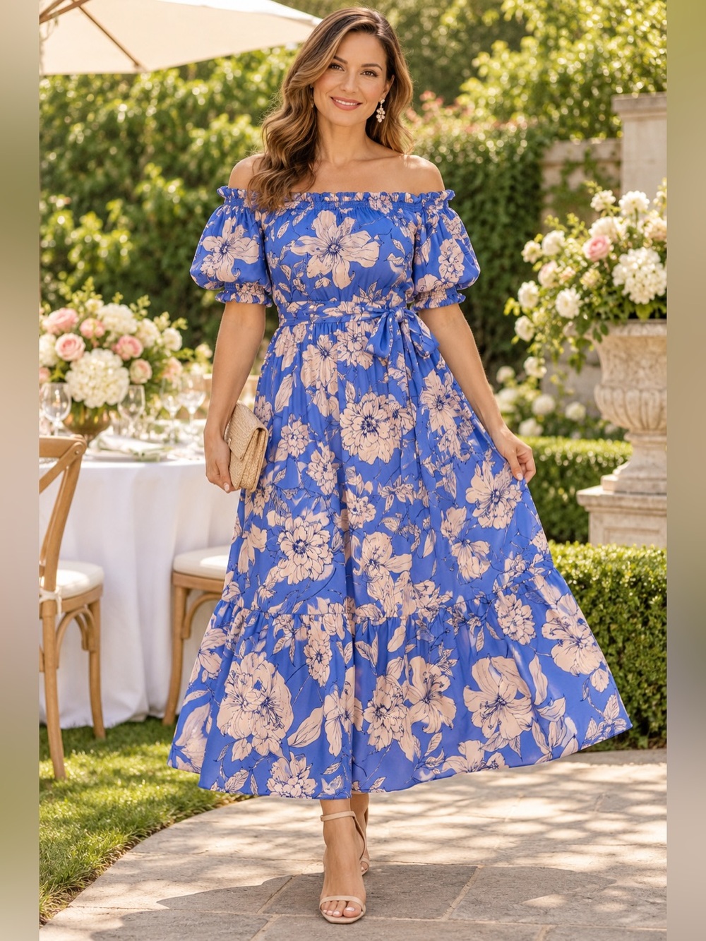 ELIZA J Blue Blush Floral Off-Shoulder Tiered Maxi Dress Size 10